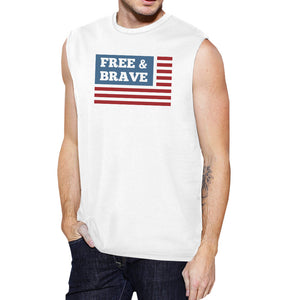 Free & Brave Us Flag Mens White Funny Muscle Tank Top Crewneck Line - 365INLOVE