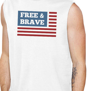 Free & Brave Us Flag Mens White Funny Muscle Tank Top Crewneck Line - 365INLOVE