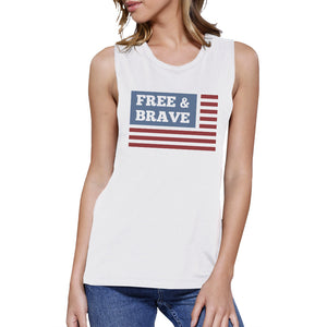 Free & Brave Us Flag Womens White Funny Muscle Tanks Crewneck Line - 365INLOVE