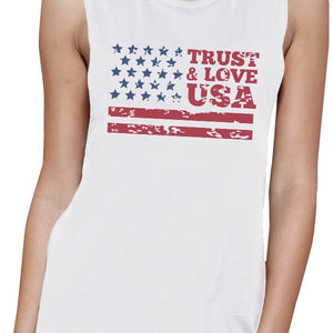 Trust & Love USA Womens White Muscle Tanks Round Neck Line Cotton - 365INLOVE