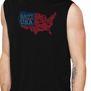 Happy Birthday USA Mens Black Cap Sleeve Tshirt Funny 4 Of July Tee - 365INLOVE