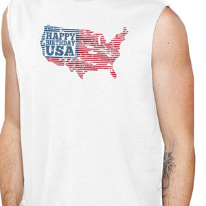 Happy Birthday USA Mens White Cap Sleeve Tshirt Funny 4 Of July Tee - 365INLOVE