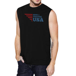 Seek & Travel USA Mens Black Sleeveless Tee Shirt Round Neck Cotton - 365INLOVE