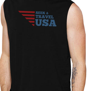 Seek & Travel USA Mens Black Sleeveless Tee Shirt Round Neck Cotton - 365INLOVE