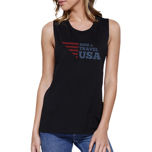 Seek & Travel USA Womens Black Sleeveless Tee Round Neck Cotton - 365INLOVE