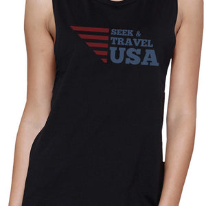 Seek & Travel USA Womens Black Sleeveless Tee Round Neck Cotton - 365INLOVE