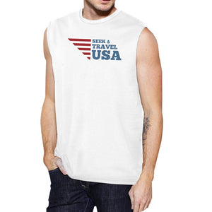 Seek & Travel USA Mens White Sleeveless Tee Shirt Round Neck Cotton - 365INLOVE