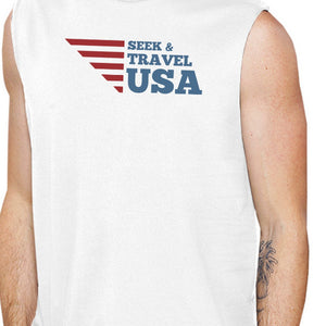 Seek & Travel USA Mens White Sleeveless Tee Shirt Round Neck Cotton - 365INLOVE