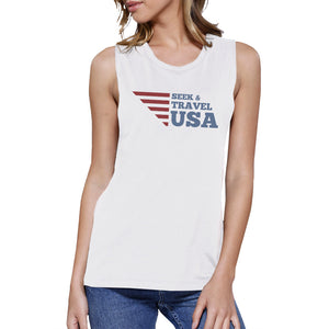 Seek & Travel USA Womens White Sleeveless Tee Round Neck Cotton - 365INLOVE