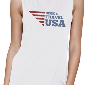 Seek & Travel USA Womens White Sleeveless Tee Round Neck Cotton - 365INLOVE