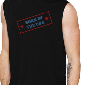 Born In The USA Black Round Neck Cotton Graphic Muscle Tee For Men - 365INLOVE