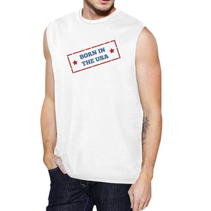 Born In The USA White Round Neck Cotton Graphic Muscle Tee For Men - 365INLOVE