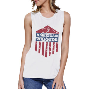 American Warrior White Crewneck Cotton Graphic Muscle Tee For Women - 365INLOVE