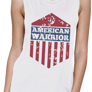 American Warrior White Crewneck Cotton Graphic Muscle Tee For Women - 365INLOVE