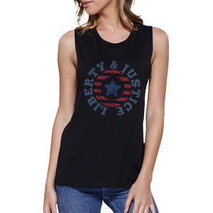 Liberty & Justice Black Cotton Graphic Muscle Tanks Gifts For Women - 365INLOVE