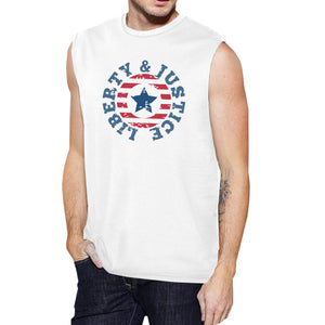 Liberty & Justice White Cotton Graphic Muscle Tanks Gifts For Men - 365INLOVE