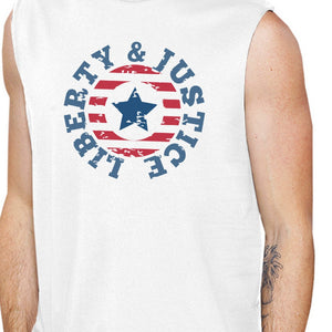 Liberty & Justice White Cotton Graphic Muscle Tanks Gifts For Men - 365INLOVE