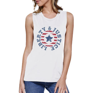 Liberty & Justice White Cotton Graphic Muscle Tanks Gifts For Women - 365INLOVE