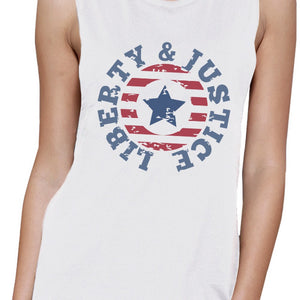 Liberty & Justice White Cotton Graphic Muscle Tanks Gifts For Women - 365INLOVE