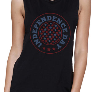 Independence Day Black Crewneck Cotton Graphic Muscle Tee For Women - 365INLOVE