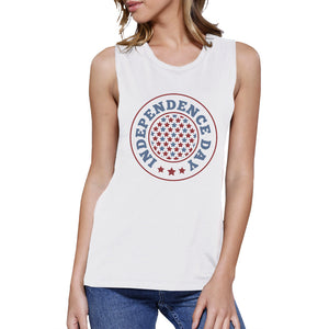 Independence Day White Crewneck Cotton Graphic Muscle Tee For Women - 365INLOVE