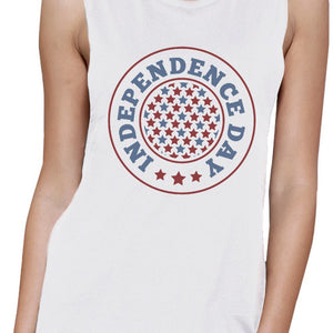 Independence Day White Crewneck Cotton Graphic Muscle Tee For Women - 365INLOVE