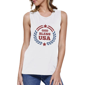 God Bless USA Womens White Cap Sleeve Cotton Muscle Top For Women - 365INLOVE