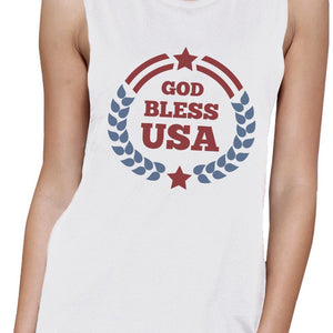 God Bless USA Womens White Cap Sleeve Cotton Muscle Top For Women - 365INLOVE