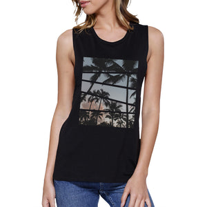 Palm Trees California Sunset Photo Womens Sleeveless Muscle Tee - 365INLOVE