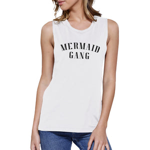 Mermaid Gang Womens White Summer Graphic Muscle Tanks Funny Gifts