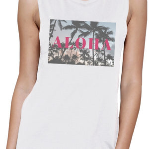 Aloha Womens White Cotton Muscle Tank Top Summer Beach Muscle Tee