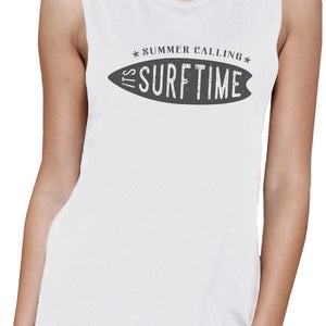 Summer Calling It's Surf Time Womens White Muscle Top