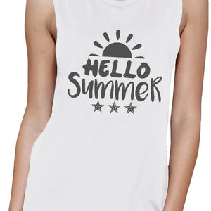 Hello Summer Sun Womens White Muscle Top