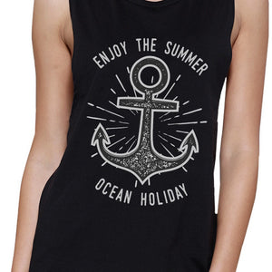 Enjoy The Summer Ocean Holiday Womens Black Muscle Top