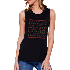 My Ugly Sweater Pattern Womens Black Muscle Top