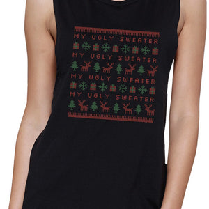 My Ugly Sweater Pattern Womens Black Muscle Top