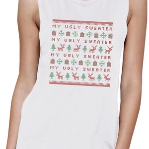 My Ugly Sweater Pattern Womens White Muscle Top