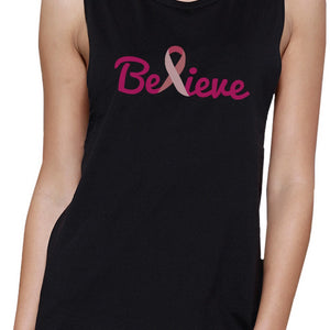 Believe Breast Cancer Awareness Womens Black Muscle Top
