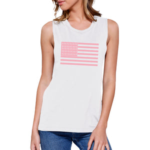 Breast Cancer Awareness Pink Flag Womens White Muscle Top
