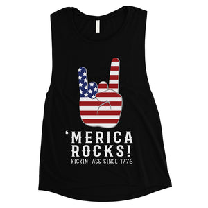 Merica Rocks Womens Cute Graphic Muscle Tee For 4th Of July Outfit