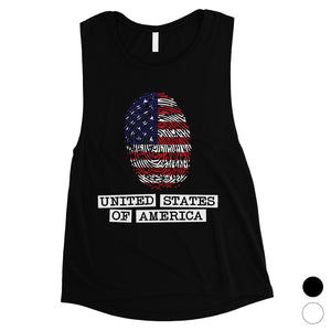 Fingerprint USA Flag Womens Muscle Tee Cute 4th of July Outfit Gift