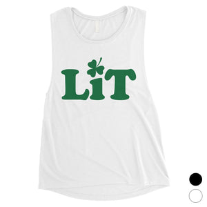 Lit Shamrock Womens St Patricks Day Muscle Top Funny Irish Gift