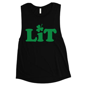 Lit Shamrock Womens St Patricks Day Muscle Top Funny Irish Gift