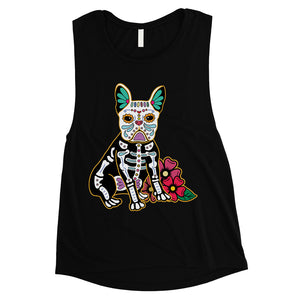 Frenchie Day Of Dead Funny Halloween Costume Cute Womens Muscle Top