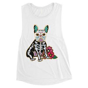 Frenchie Day Of Dead Funny Halloween Costume Cute Womens Muscle Top