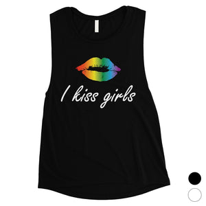 LGBT Kiss Girls Rainbow Lips Womens Muscle Top