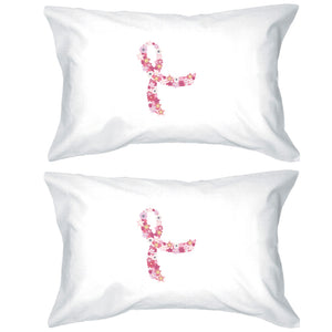 Pink Floral Ribbon White Pillowcases