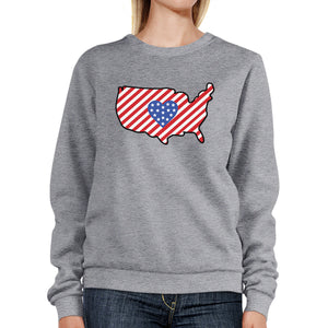 Heart USA Map With American Flag Unisex Gray Pullover Sweatshirt - 365INLOVE