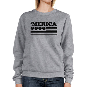 Heart 'Merica Unisex Grey Sweatshirt Pullover Fleece Round Neck Top - 365INLOVE