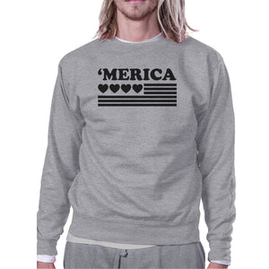 Heart 'Merica Unisex Grey Sweatshirt Pullover Fleece Round Neck Top - 365INLOVE